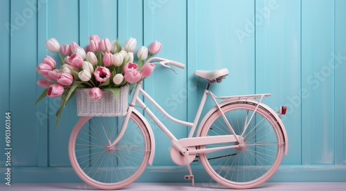a pink bicycle with basket of tulips in front of blue wall