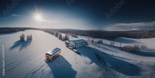 trailer outdoors in winter in the forest with a solar panel on the roof. The concept of life outside civilization