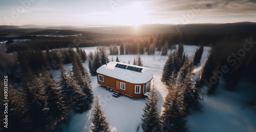 trailer outdoors in winter in the forest with a solar panel on the roof. The concept of life outside civilization photo