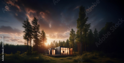 modular container house with glazing in the forest, secluded compact house.