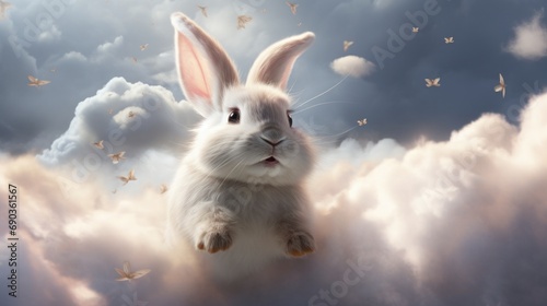 A white rabbit sitting on top of a cloud filled sky