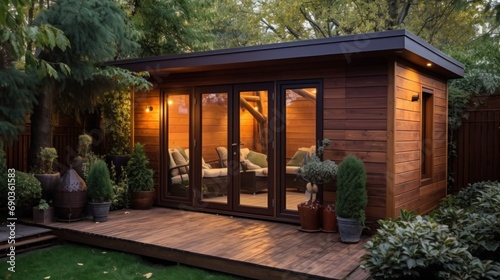 A backyard with a wooden deck and a wooden shed photo