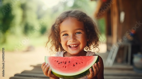 Happy little girl looks at the camera eating a watermelon in the garden, Smiling little girl eating a watermelon looking at the camera in the summer