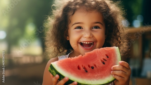 Happy little girl looks at the camera eating a watermelon in the garden, Smiling little girl eating a watermelon looking at the camera in the summer photo