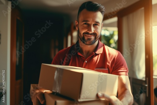 Postman's grip: A detailed view of the postal worker's hands cradling a package, capturing the essence of the secure and gentle handling of deliveries