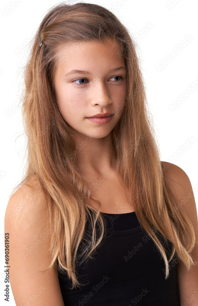 Studio, skincare and teen kid thinking of beauty cosmetics, hairstyle maintenance treatment and spa salon keratin. Skin wellness glow, cosmetology and young child planning ideas on white background Studio, skincare and teen kid thinking of beauty cosmetics, hairstyle maintenance treatment and spa salon keratin. Skin wellness glow, cosmetology and young child planning ideas on white background