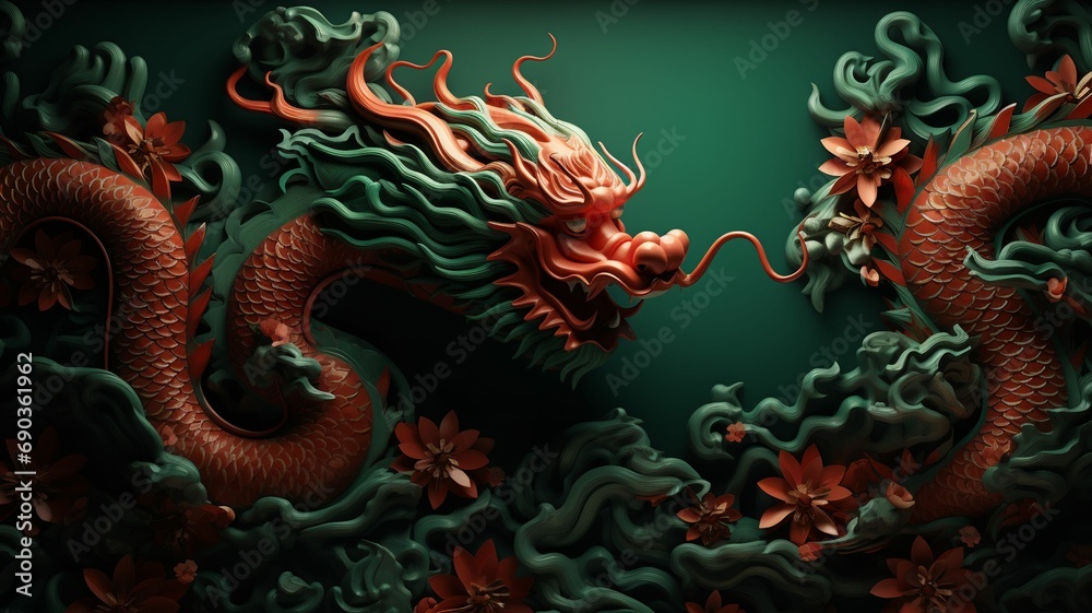 Happy Chinese new year card.Chinese green dragon on green background Happy Chinese new year card.Chinese green dragon on green background
