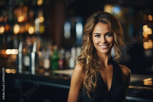 Warmth in Every Pour: With a charming smile, a girl bartender pours drinks with genuine warmth, adding a touch of joy to every beverage served