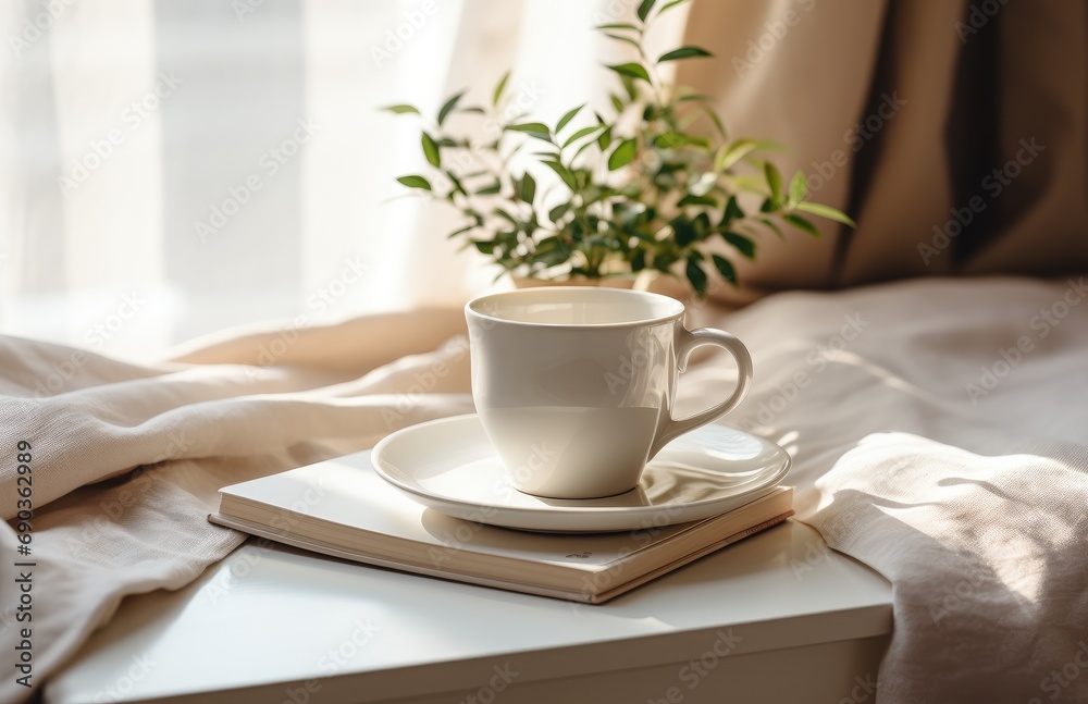 a white cup, book and saucer sitting on a bed a white cup, book and saucer sitting on a bed