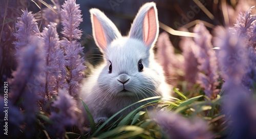 a white bunny behind a pile of grass