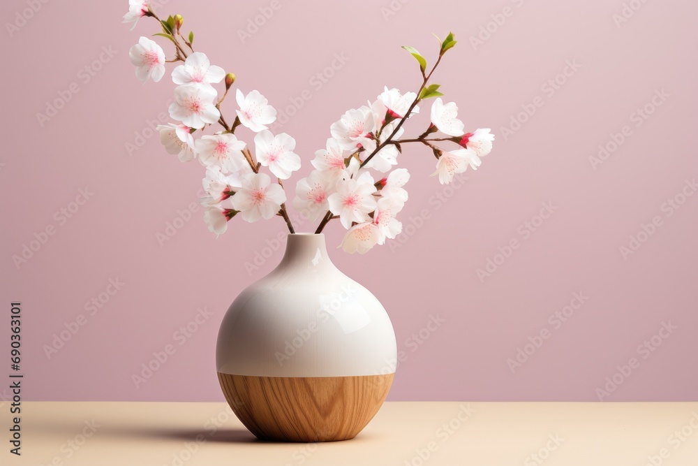 a white vase with pink flowers on a wooden stand