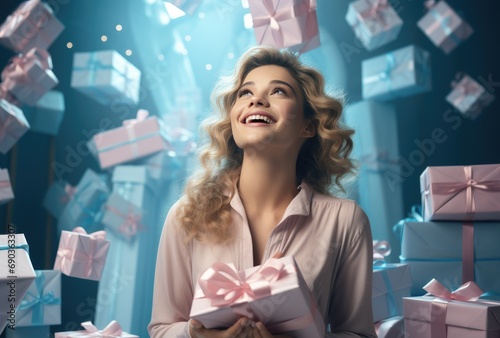 a woman with bows over several gift boxes holding up excitedly