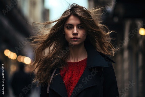 a woman with long hair is walking on the street