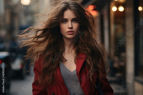 a woman with long hair is walking on the street
