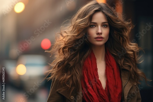a woman with long hair is walking on the street