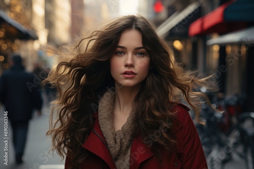 a woman with long hair is walking on the street