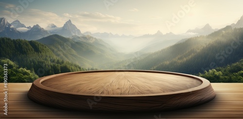 a wooden circular table overlooking some grassy mountains photo