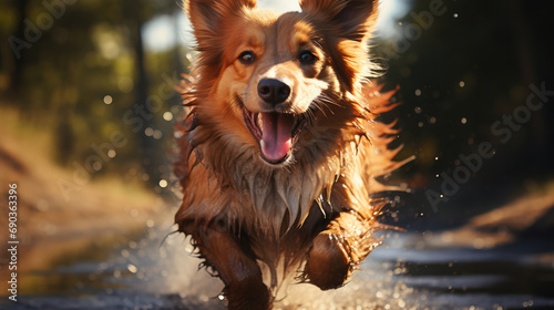 Energetic dog in action, running with a joyful smile along the shore, embracing the beauty of nature's tranquil surroundings
