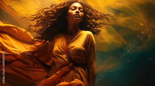 A stunning woman in a flowing yellow dress, her hair gracefully cascading, exudes beauty and elegance.