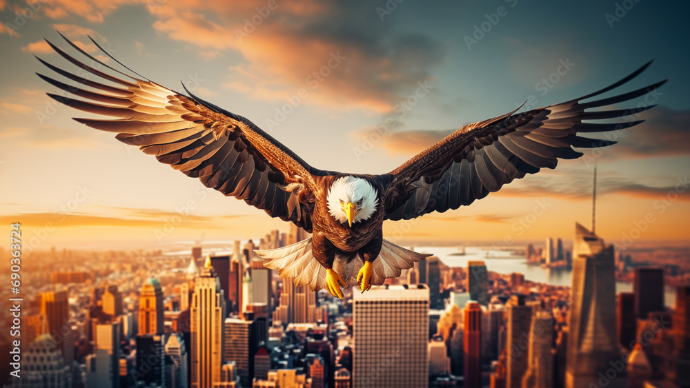 Obraz premium Bald Eagle flying over City, 3D Rendering