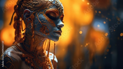 A woman with orange and blue paint on her face, showcasing vibrant colors and artistic expression. photo