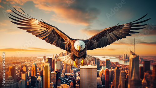 Bald Eagle flying over City, 3D Rendering
