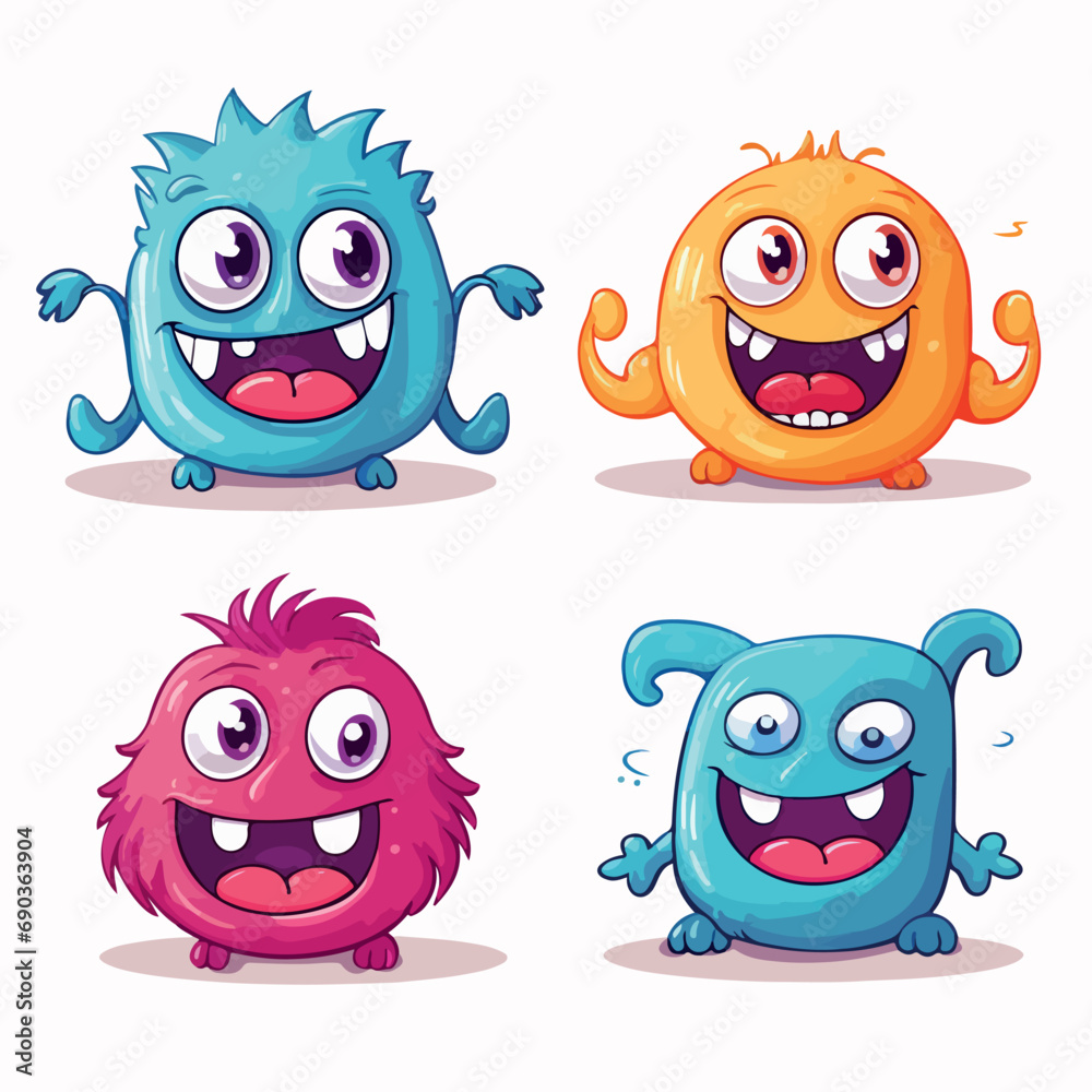 four cute monster set flat vector illustration. four cute monster set hand drawing isolated vector illustration