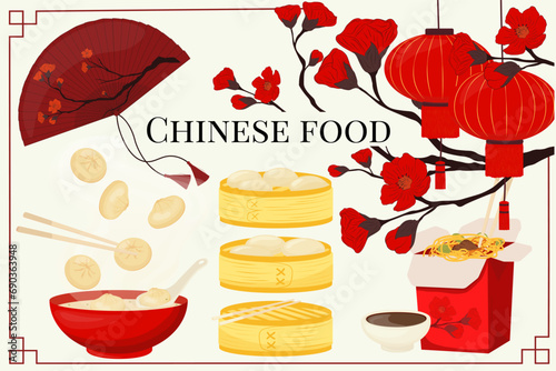 Chinese restaurant menu design.  dim sum.  Chinese dumpling in a bamboo steamer box. Vector  Illustration.   Noodles  and Chinese chopsticks. A fan with a branch of a flowering plum. 