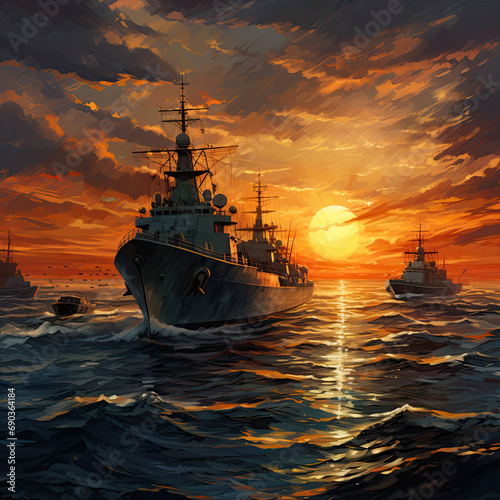 Military navy ships in a sea bay at sunset © Lens_Lore