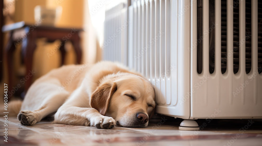 dog sleeps near a white radiator in the living room created with Generative Ai
