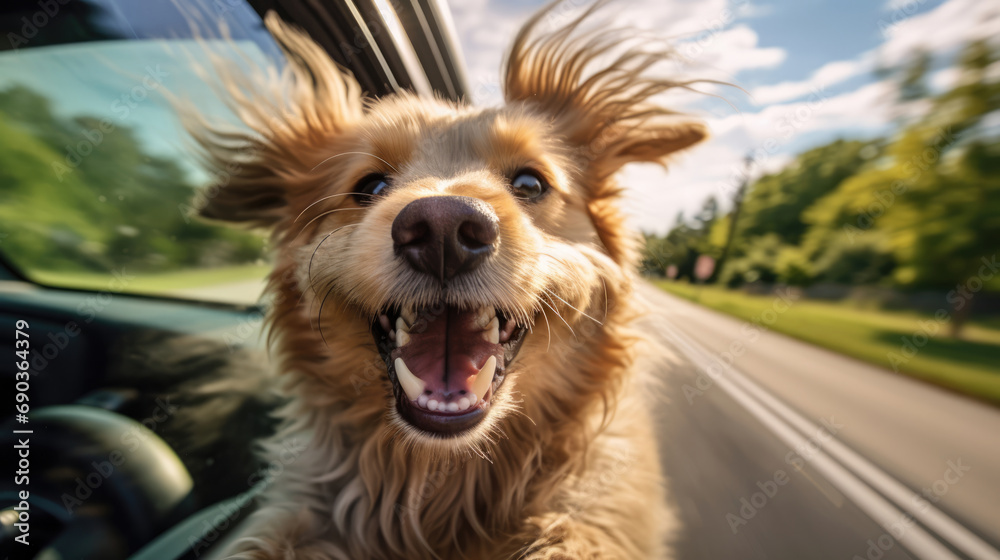 Adventurous dog enjoys the wind, gazing through the car window during a scenic travel journey, embracing the open road excitement Adventurous dog enjoys the wind, gazing through the car window during a scenic travel journey, embracing the open road excitement