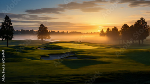 Golden sunrise on the green  A peaceful morning on the golf course - created with generative AI 