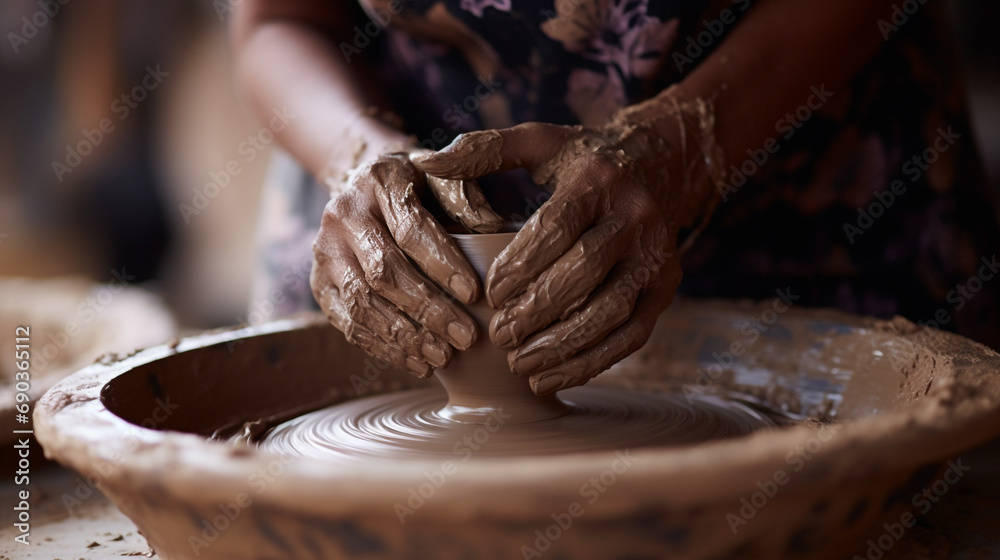 Close up of female potters hands making bowl created with Generative Ai Close up of female potters hands making bowl created with Generative Ai