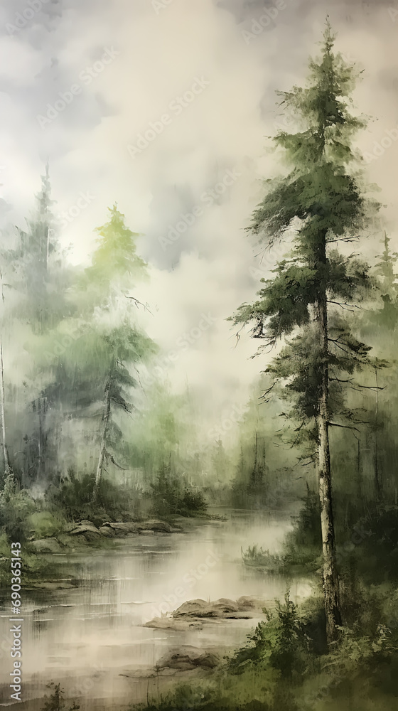 A watercolor painting of a river flowing through a forest, a storybook illustration, fantasy art, poster art.