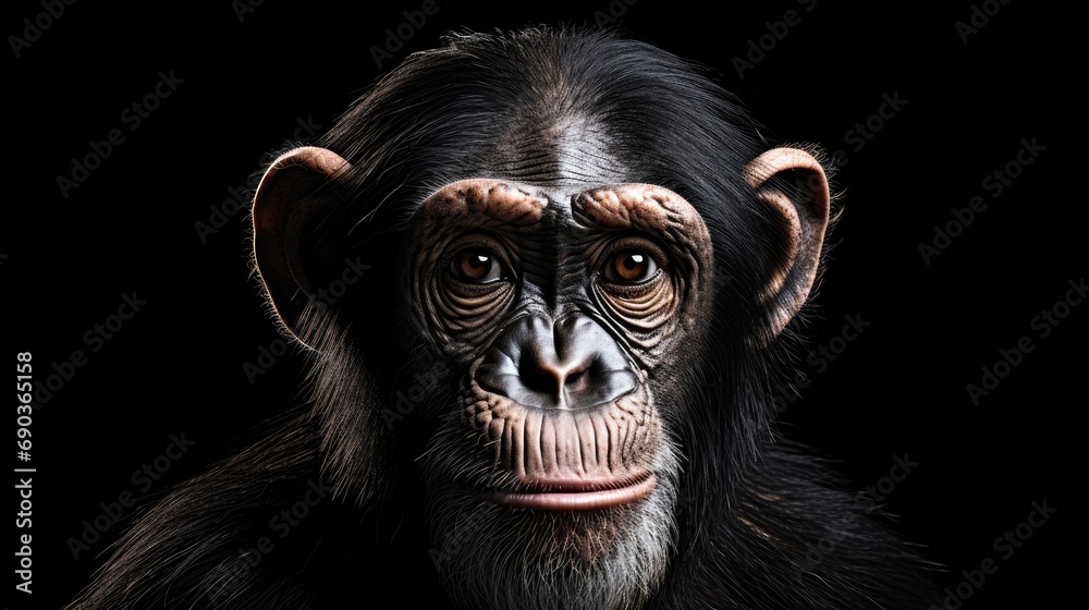 Chimpanzee. Close-up portrait of a wild ape in monochrome style. Illustration for cover, postcard, interior design, banner, brochure, etc.. Chimpanzee. Close-up portrait of a wild ape in monochrome style. Illustration for cover, postcard, interior design, banner, brochure, etc..