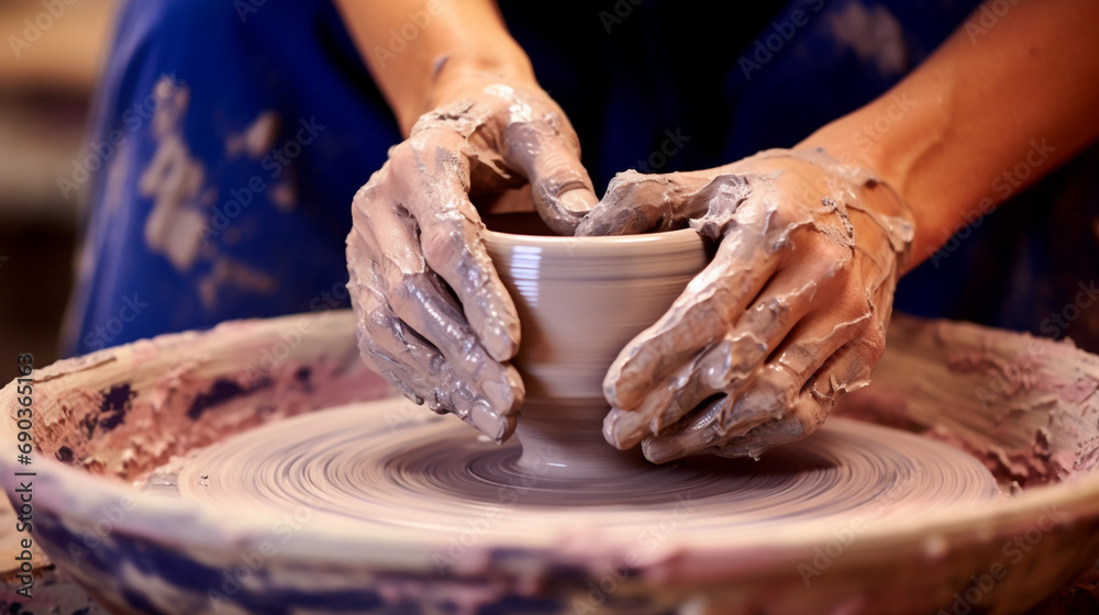 Close up of female potters hands making bowl created with Generative Ai