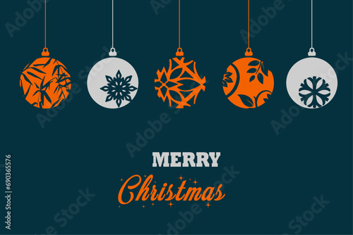 Merry Christmas modern card banner with hanging ball decorations. Merry Christmas and happy new year. Greeting text vector illustration