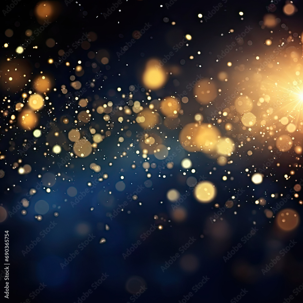 Abstract background with gold stars, particles and sparkling on navy blue. Christmas Golden light shine particles bokeh on navy blue background