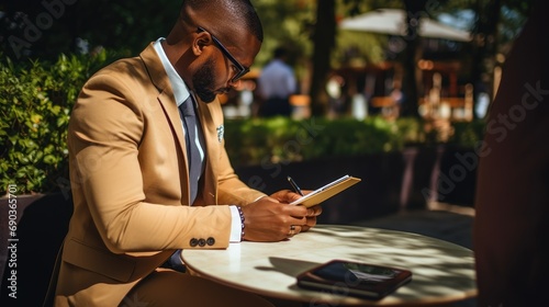 A professional man in a suit reading his notes.