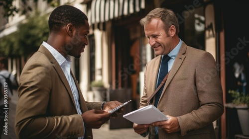 Two businessmen are talking after a meeting.