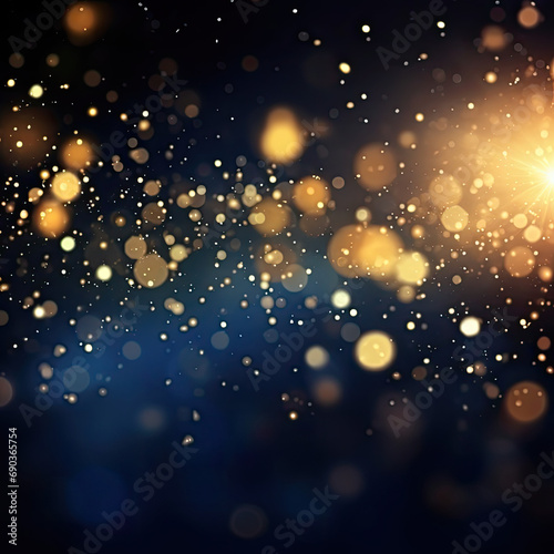 Abstract background with gold stars, particles and sparkling on navy blue. Christmas Golden light shine particles bokeh on navy blue background