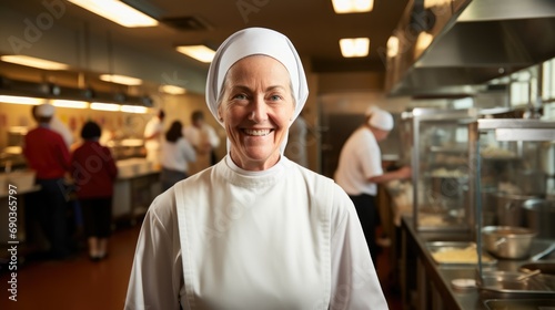 A nun in a traditional habit stands in a kitchen, ready to prepare a meal.