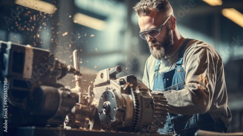 A man in overalls diligently working on a machine, focused and determined to complete the task at hand.