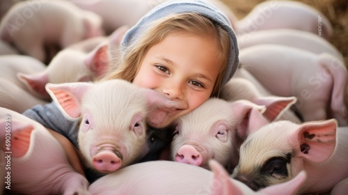 A child wrapped in pigs, showing the love between man and animal.