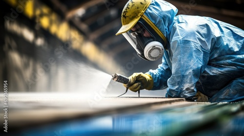 A person in protective clothing sprays medicine to clean the wood.