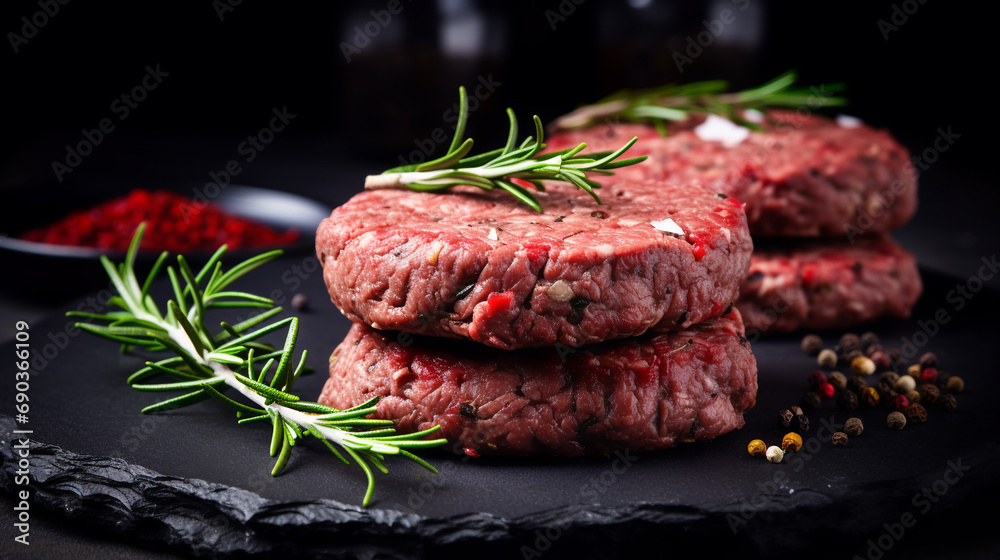 Raw beef hamburger patties with herbs and spices on a dark plate. ai generative Raw beef hamburger patties with herbs and spices on a dark plate. ai generative