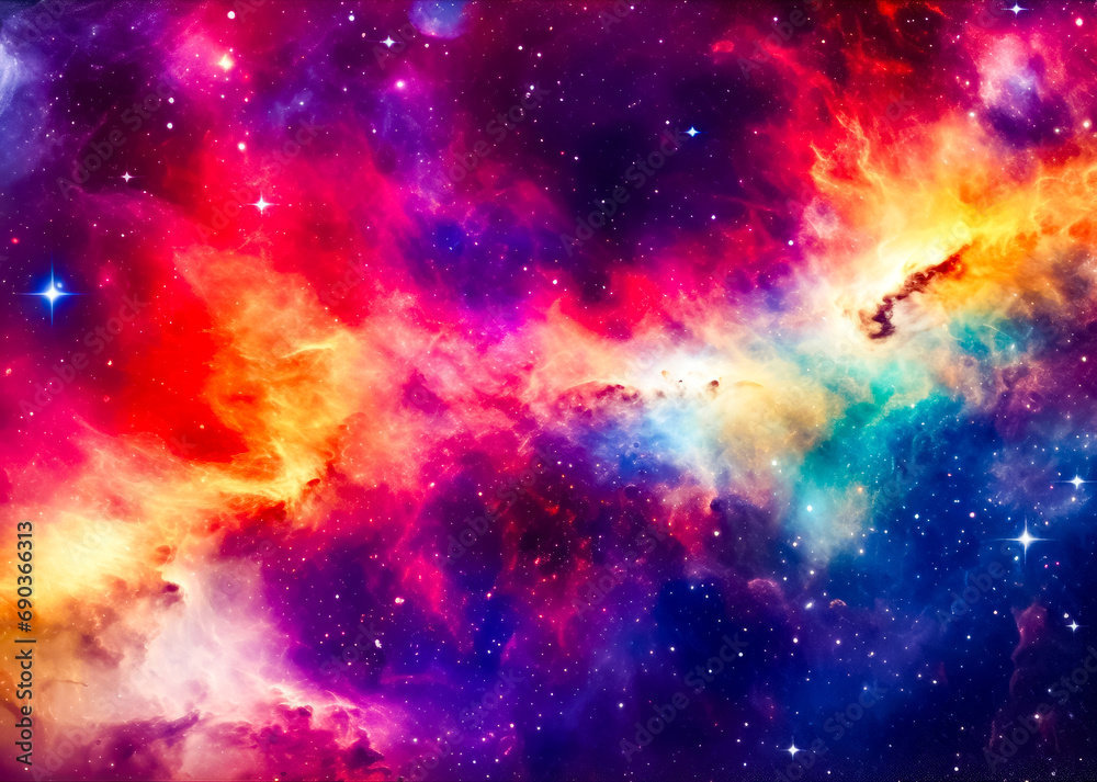 Colorful space filled with lots of stars and bright blue and red cloud.