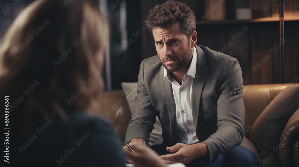 portrait of a man at a psychologist's appointment. a person complains about problems. ai generative portrait of a man at a psychologist's appointment. a person complains about problems. ai generative
