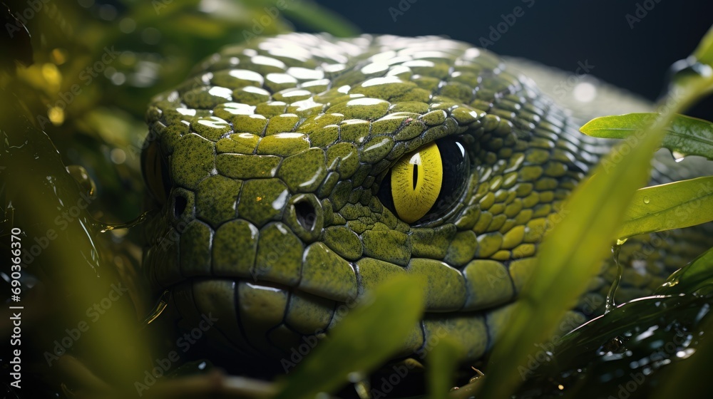 Fototapeta premium A green snake with yellow eyes camouflaged in the grass.