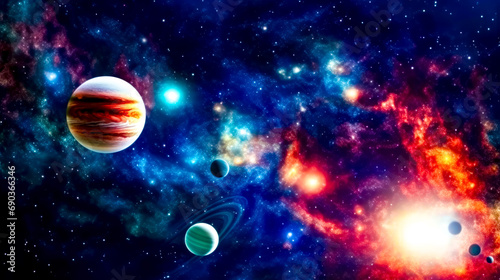 Space scene with planets and stars in the sky  and bright blue and red background.